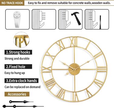 Mee 2ou Wall Clock Modern Nearly Silent Without Ticking Sounds - Diameter Roman Numerals Wall Clocks Modern Living Room Wall Clock Vintage For Bedroom Kitchen Office Country House Style Industrial Style (40CM, Gold)