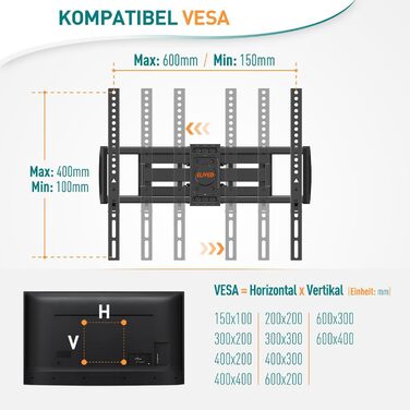 Настінна кріплення для телевізора ELIVED EV015 - 37-84 дюймів, LED, LCD, OLED, Plasma, рухливе, до 45кг, VESA 600x400 мм