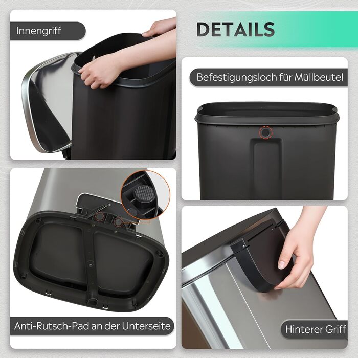 Відро для сміття WLIVE 50L з нержавіючої сталі з педальним механізмом та м'яким закриттям, для кухні, спальні, офісу, срібний