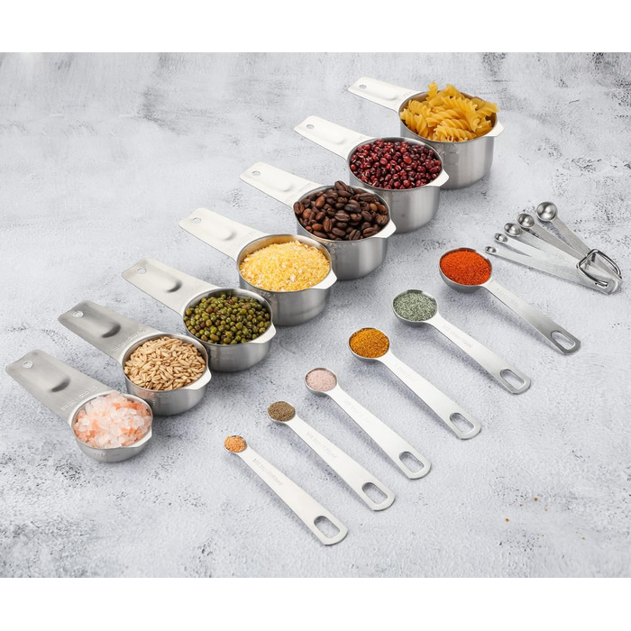 Measuring Cup and Spoon Set Stainless Steel Measuring Cup & Spoon Set includes 7 stainless steel metal measuring cups, 6 measuring spoons, and 5 mini measuring spoons for dry and liquid ingredients.