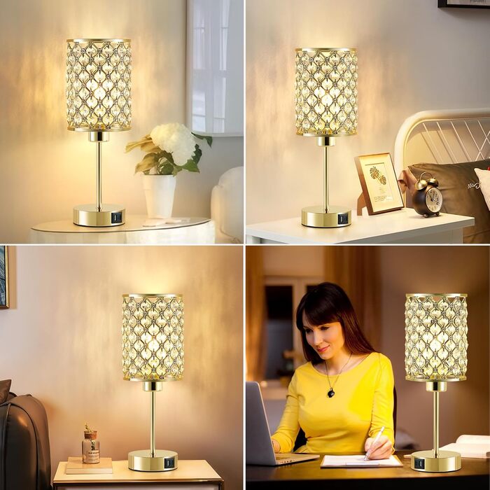 Кристалева лампа GyroVu Kristall для столу та приліжкові лампи з регулюванням яскравості, сенсорне керування, USB A+C порти, золотий колір, для вітальні та спальні (з лампочкою)