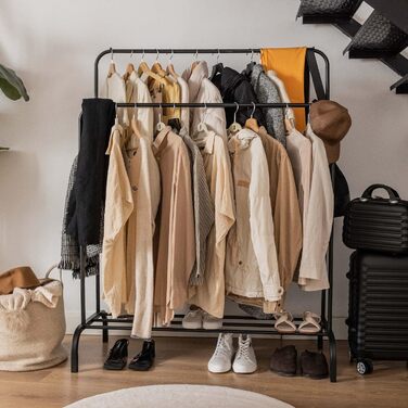 Newlux Clothes Rack up to 24kg with Shoe Shelf, Metal Coat Rack with High Stability, Easy Assembly, Scratch-Resistant Base | Compact Design | 50 x 40 x 160 cm | (Black, Hangy Duo 30)