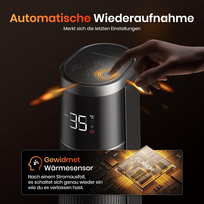 Електричний обігрівач PTC 2000W з керамічним нагрівачем, тихий, з термостатом та пультом керування, ECO режим, 70° осциляція, 12h таймер, захист від перегріву та перекидання, чорний, 1 шт.