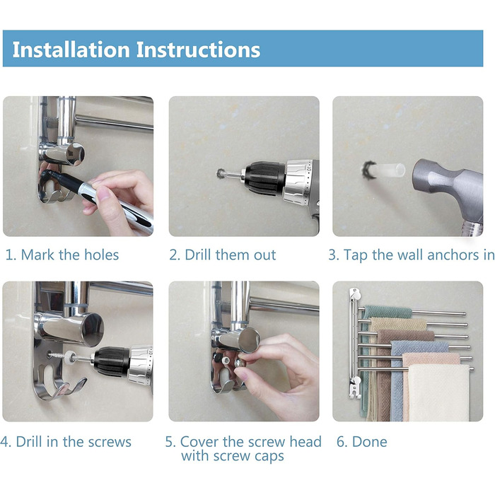 Кріплення для рушників JSVER з нержавіючої сталі, 180° поворот, 6 кріплень, з гачками, для ванної, кухні та гардеробу