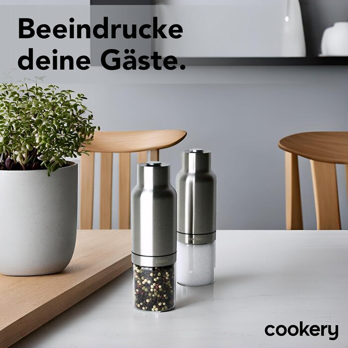 Електричний набір для солі та перцю з нержавіючої сталі з керамічним жорном. Набір для спецій: мельниця для перцю, солянка, мельниця для солі. Сріблястий колір, скляний.