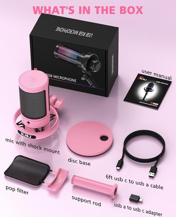 Мікрофон для ПК NJSJ Gaming з тримачем, USB мікрофон для Mac, PS4, PS5 (рожевий) з кнопкою вимкнення звуку, навушниками, поп-фільтром, кардіоїдний конденсаторний мікрофон для подкастів та стрімінгу