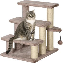 PawHut 3-Step Pet Staircase with Scratching Posts, Ball, Dog Staircase, Pet Staircase for Cats up to 5 kg, Plush Jute, White 45 x 40 x 48 cm (45L x 40W x 48H cm, Brown)