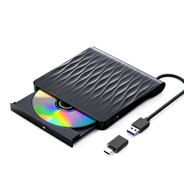 Зовнішній DVD/CD привід USB 3.0 та Type-C, DVD-брунер +/-RW для ноутбука та ПК, сумісний з Windows 11/10/8/7, MacOS, Linux, чорний