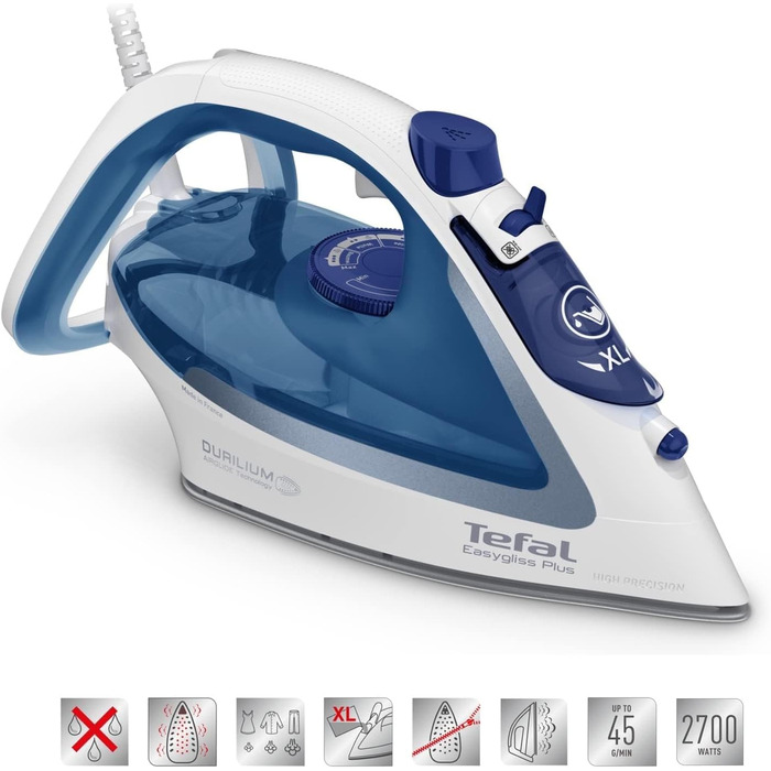 Tefal FV5751 Durilium Plus Steam Iron, 220g Steam Shot, 2700W, Test Winner 2019 best sole | Durilium AirGlide sole with three steam zones, self-cleaning function, anti-scale system