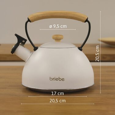 Чайник Nordic від briebe: індукційний, 2.3L, з нержавіючої сталі, ретро-дизайн, для всіх типів плит (газ, електро, склокераміка, індукція), з дерев'яною ручкою, для чаю та кави (білий)