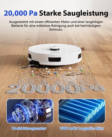 Робот-пилосос Redkey R11 з функцією миття, 20000Pa, док-станція 4L, захист від намотування волосся, LiDAR навігація, керування через додаток, для килима та шерсті тварин, білий