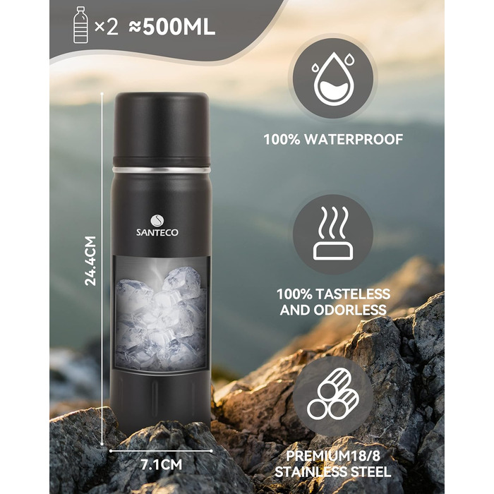 Термос з нержавіючої сталі SANTECO 1л/500мл, ізотермос з кришкою-чашкою, для дітей, спорту, без BPA, 24 години холод, 12 годин тепло, чорний