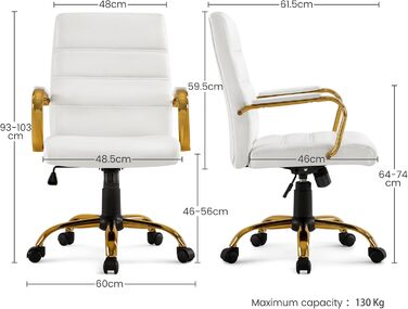 Офісне крісло Yaheetech з ергономічною спинкою, поворотне, з роликами та підлокітниками, до 130 кг, білий/золотий