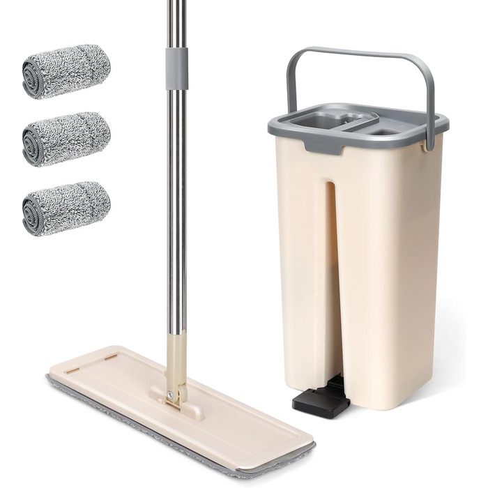 Набір для миття підлоги з відром, Masthome: компактний моп з відром та вичавкою, 3 мікрофібрових насадок, нержавіюча сталь, 2-в-1, для дерев'яних, плиткових та мармурових підлог, бежевий, 2.9л