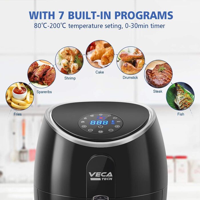Фритюрниця VECATECH Heißluft XXL 5.5л з цифровим сенсорним екраном, 8 програмами та 1800W - безмасляна фритюрниця для здорового харчування