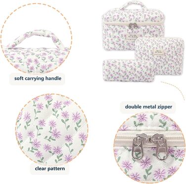 Набір косметичок для подорожей для жінок, 3 шт. з бавовни, великі культки з квітковим принтом для косметики та аксесуарів (фіолетовий павіан)