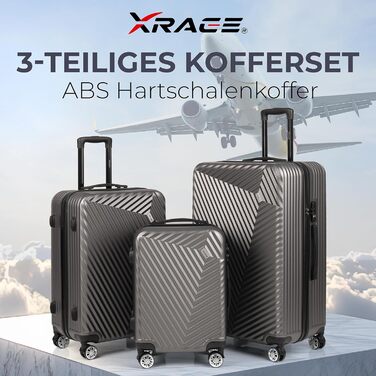 Набір валіз xRace 3 шт. ABS, 20/24/28 дюймів, ручна поклажа, TSA замок, 360° колеса, стійкий до ударів, преміум підкладка (темно-сірий)