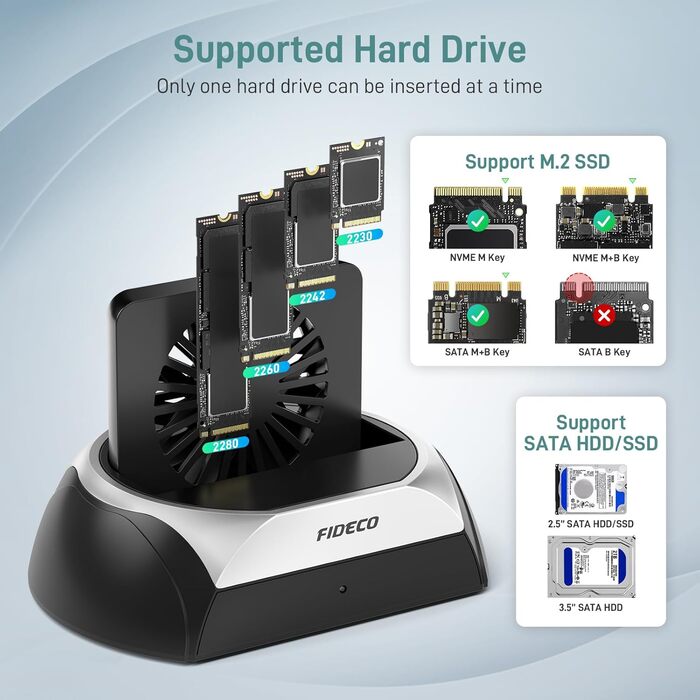 Док-станція для жорстких дисків FIDECO: M.2 SSD, SATA HDD/SSD (2.5/3.5