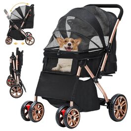 Візок для собак DWVO 3-в-1: візок, переноска, сумка для транспортування. Підходить для собак та котів до 22 кг. Зручний, складаний, з міцними EVA-колесами, кошиком та сітковими віконцями. Розміри: 58,5x76x105 см. Чорний колір.