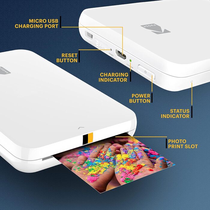 Фотодрук KODAK Step Slim: Портативний кольоровий принтер для смартфонів - друк 2x3” фотографій через Bluetooth, білий