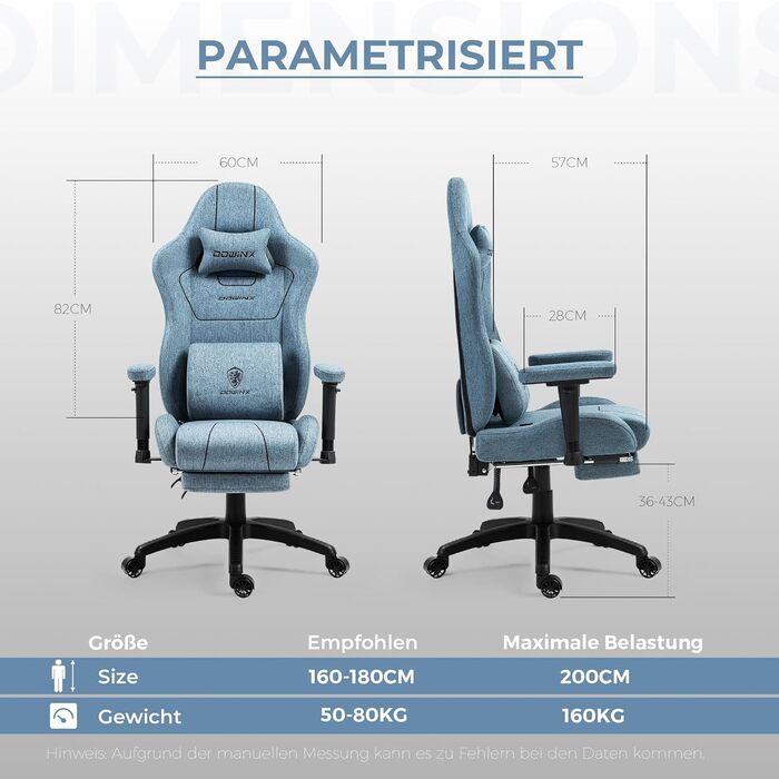Ігровий крісло Dowinx з тканини, ергономічний геймерський крісло з м'якими підлокітниками, стабільний ігровий та офісний крісло для тривалого сидіння, блакитний