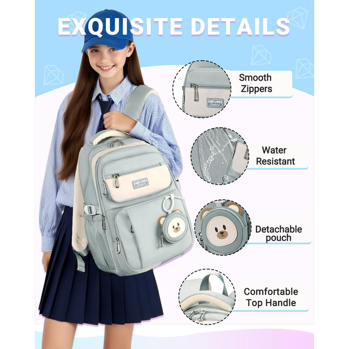 Дитячий рюкзак для дівчаток Kinderrucksack: 32L, для 2-10 класу, легкий, з дихаючою спинкою та м'якими лямками | З нагрудним ременем | Рюкзак для школи, підлітка 8+