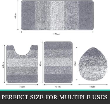 Enyhom 4-Piece Microfiber Bath Mat Set - Non-Slip Bathroom Rugs & Toilet Lid Cover (Grey, 45x65cm, 45x120cm, 50x60cm, 48x53cm)