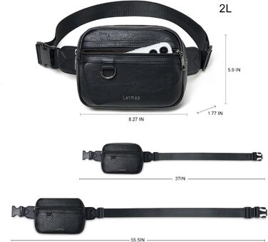 Жіноча сумка на пояс, кросбоді, з PU шкіри, водовідштовхувана, антикрадіжна, 4 відділення, чорна, на блискавці, 19.05 x 15 см, 55 см ремінець, ручне прання