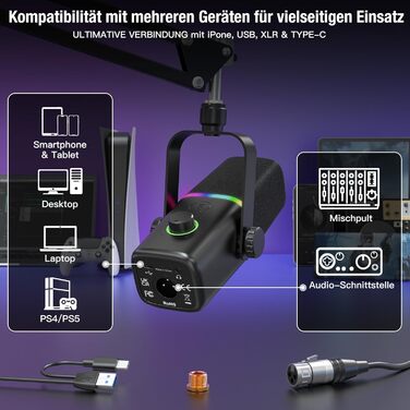 Мікрофон ZealSound XLR/USB для подкастів з RGB підсвічуванням та регулятором гучності | Для студії, стрімінгу, YouTube, геймінгу | Сумісний з PC, Mac, PS4-5, мікшером KD8S