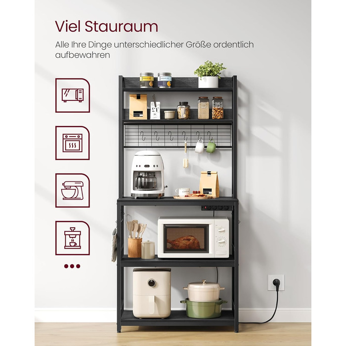 Стелаж кухонний VASAGLE з розетками, для мікрохвильової печі, з решіткою, 14 гачків, 40 x 80 x 170 см, антрацит-чорний