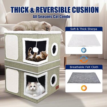 Кішка ліжко для дому, будиночок-печери з когтеточкою та м'ячиком, складане ліжко-куб для котів, притулок для кількох котів (зелений, double)