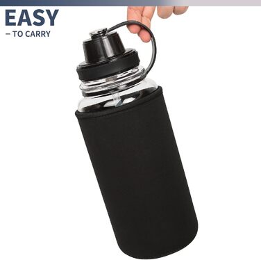 2 Liter Glass Water Bottle with Straw and Time Marker, Motivational Water Bottle with Neoprene Sleeve, Large 2L Glass Bottle for Fitness, Home, and Office, Leak-Proof, BPA-Free