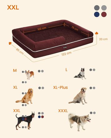 Feandrea Orthopedic Dog Bed, Dog Cushion, Dog Basket, Soft Padding, Dog Sofa, Raised Edges, Removable and Washable Cover, 91 x 71 x 20 cm, Non-Slip Bottom, PGW076G01 (L 120 x W 85 x H 20 cm, Berry Red)