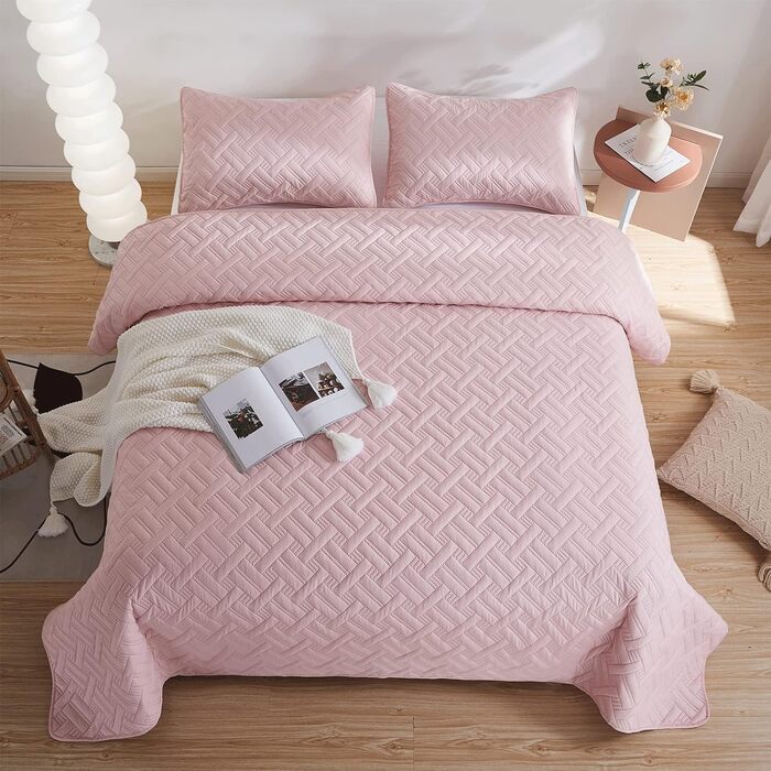 Beeweed Bedspread Throw 220x240cm Pink, Bedspreads made of Microfiber, Quilted Throw Bedspread Cover Lightweight, Stepped Quilt sewn by Ultrasound with 2 Pillowcases, Basket Pattern Pink 220 x 240 cm