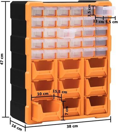 Органайзер для дрібниць vidaXL з 39 шухлядами (30+9), 52x16x37,5 см, помаранчевий, багатосекційний бокс для зберігання, сортувальний кейс