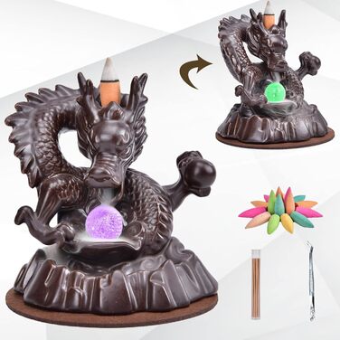Dragon Backflow Incense Burner, Backflow Incense Holder with 20 Backflow Incense Cones, Home Decor, Ceramic Incense Burner Holder in Exquisite Present Box (Dragon with Bead)