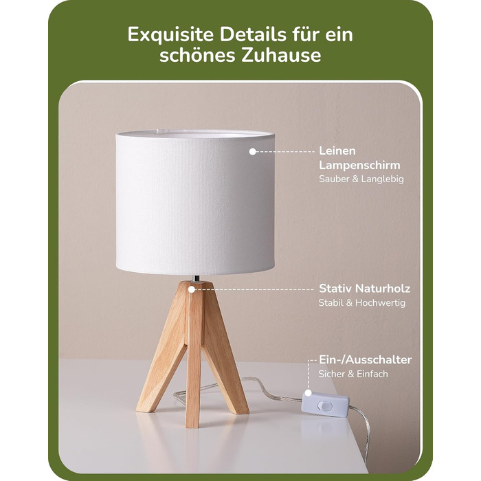 Настільна лампа EDISHINE 2 шт. з дерева, LED, з абажуром з льону кольору бежевого, патрон E27, з лампочкою, вінтажний дизайн, для спальні, вітальні, подарунок