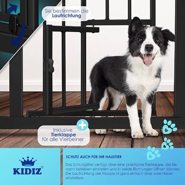 Захисне ворота KIDIZ для котів з люком, захист для дверей, ворота на сходи для дітей без свердління | Зупинка 90°, поворотні, білий колір, ширина (88-101 см)