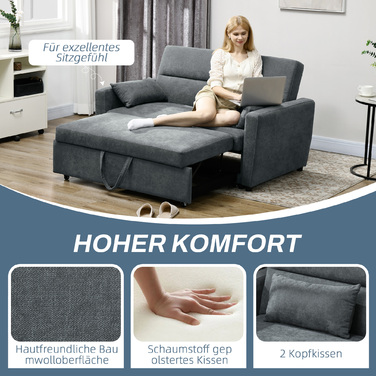 HOMCOM Sleeper Sofa, 2-Seater, Convertible, Up to 200 kg, Wooden Frame, 155x90x88.5cm, Dark Grey