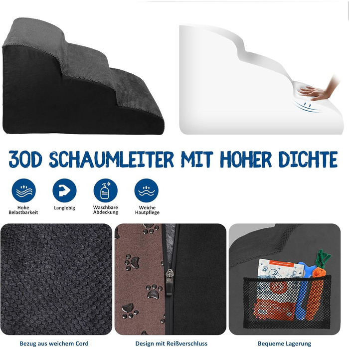 Сходинки для собак ZNM: 3-ступенева переносна драбинка для маленьких собак та котів, 40 см, чорний колір