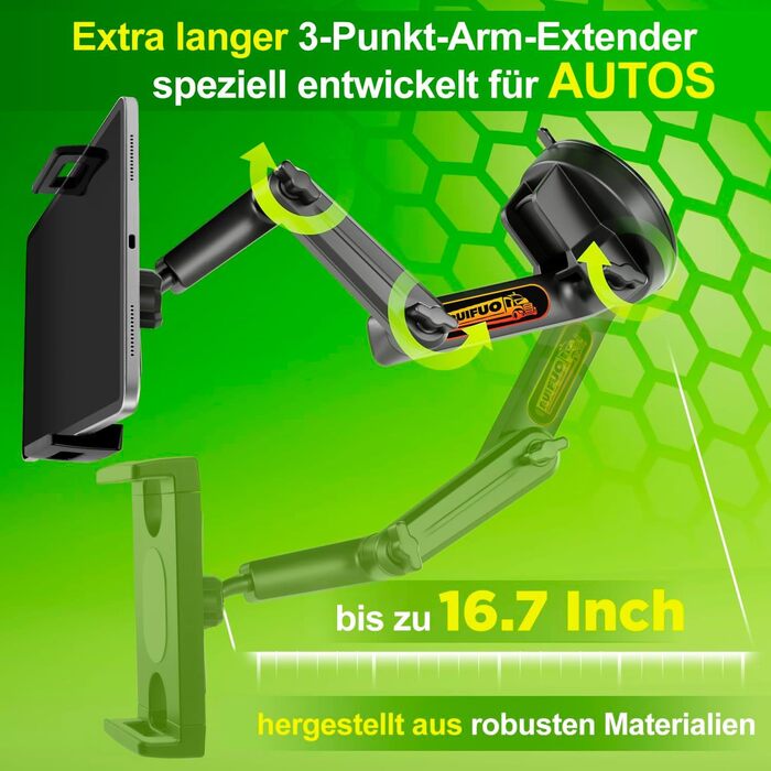 Тримач для планшета в авто/Вантажівка, міцний кріплення на присоску, довгий подовжений важіль, сумісний з iPad та іншими планшетами (16.7 дюймів, чорний)