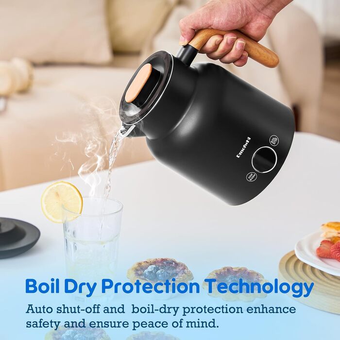 Електричний чайник з регулюванням температури DmofwHi, 1.0л, 1000W, з LED-індикатором, подвійні стінки, без BPA, автоматичне вимкнення та захист від сухого кип'яття (чорний)