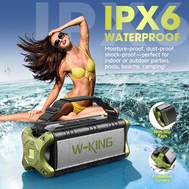 W-KING Портативна Bluetooth Колонка 90W з Глибоким Басом, 40 годин роботи, IPX6, Powerbank, TF-карта, NFC, AUX, Bluetooth 5.0, Зелена