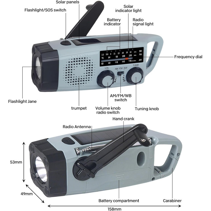 Радіо Kurbel з ручним заводом та сонячною панеллю, AM/FM/SW, 2000mAh, з SOS сигналом та ліхтариком - аварійне радіо для кемпінгу