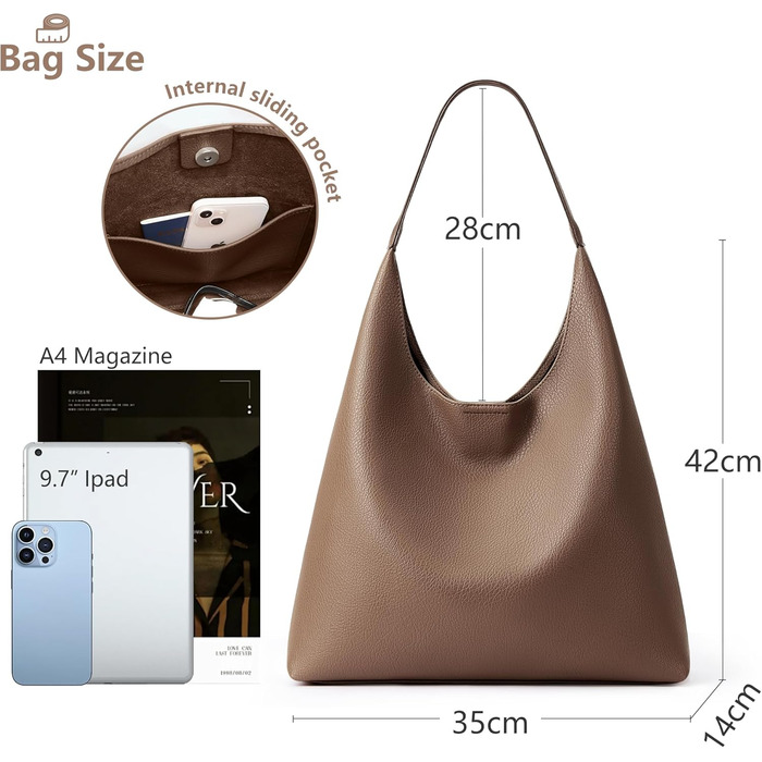 Сумка жіноча KALIDI Shopper Hobo з PU шкіри вінтажна, велика для роботи, школи, повсякденного використання, застібка - кнопка, колір кави