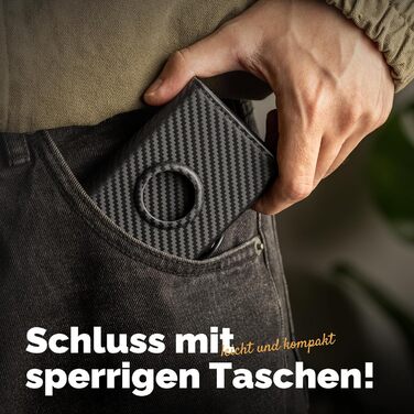 Чоловічий тонкий гаманець Portmonee з захистом RFID, Smart гаманець для карток та грошей, компактний Air Tag гаманець для 12 карт та 2 посвідчення, гаманець з висувним механізмом та відділенням для монет, A002 - Чорний карбон