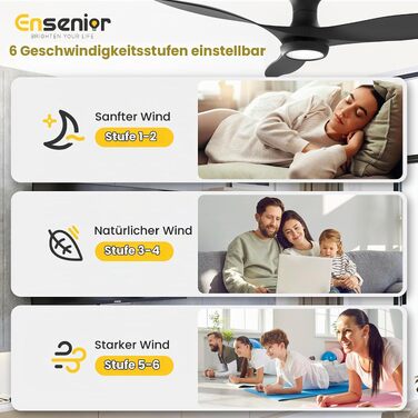 Стельовий вентилятор з освітленням Ensenior, тихий DC-мотор, 6 швидкостей, 3 режими світла, з пультом керування для спальні та вітальні (чорний, 132 см)