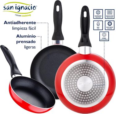 Набір сковорідок San Ignacio 3 шт. 16/20/24 см, кришка, алюміній, індукція (червоний)