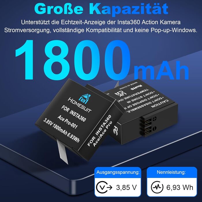 Акумулятор Insta360 X3 1800mAh + USB LED зарядний пристрій (2 шт.) | Додатковий час запису до 80хв