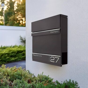 Поштова скринька Metzler Anthrazit RAL 7016 з газетницею та номерним знаком - персоналізована лазерним гравіюванням | Сучасна водонепроникна та стійка до іржі поштова скринька Hermann (Db703)